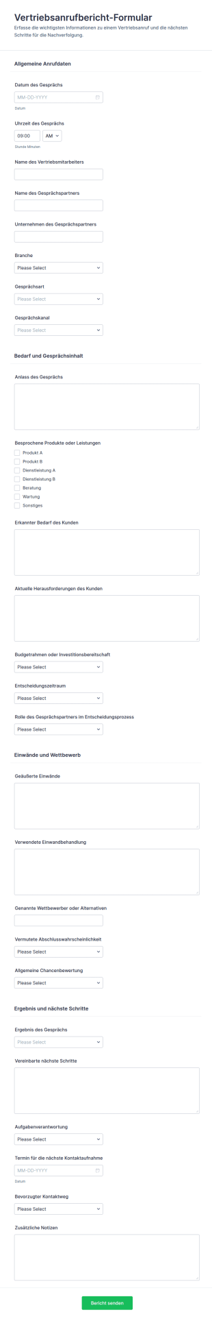 Vertriebsanrufbericht Formular