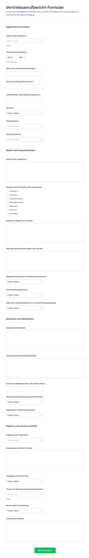 Vertriebsanrufbericht Formular