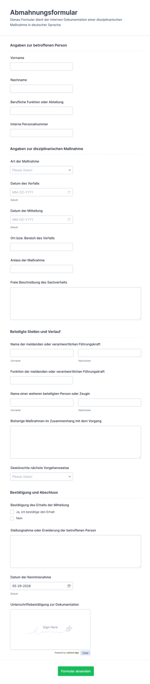 Verweis Auf Disziplinarmaßnahmen Formular