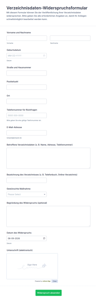 Verzeichnis Informations Abmeldungsformular