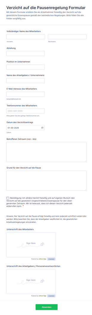 Verzicht Auf Die Pausenregelung Formular