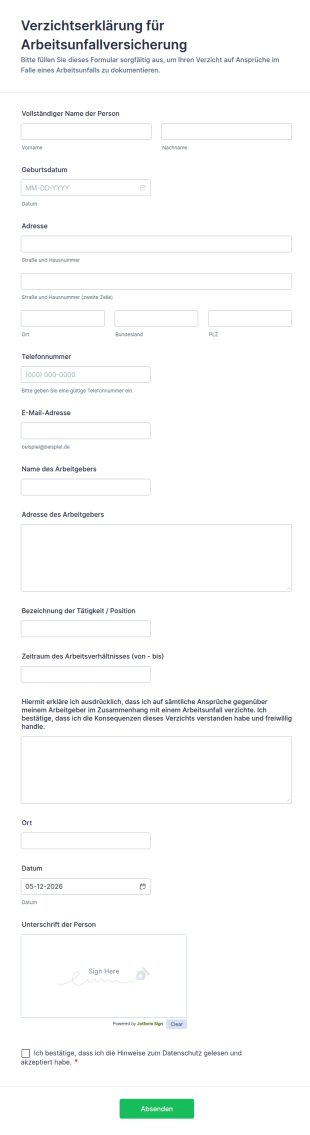 Verzichtserklärung Für Arbeitsunfallversicherung
