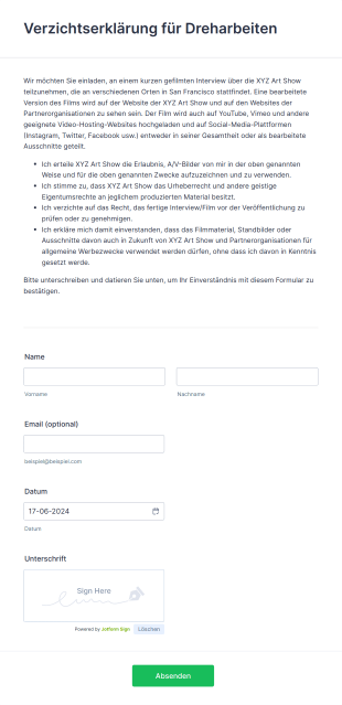 Verzichtserklärung Für Dreharbeiten
