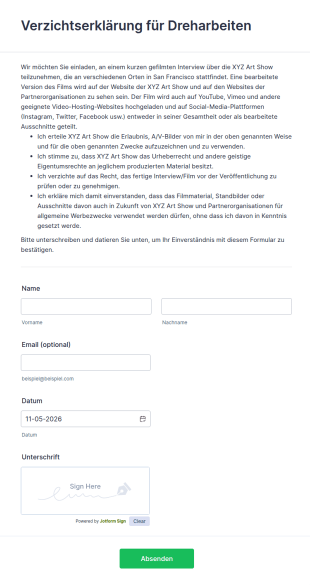 Verzichtserklärung Für Dreharbeiten