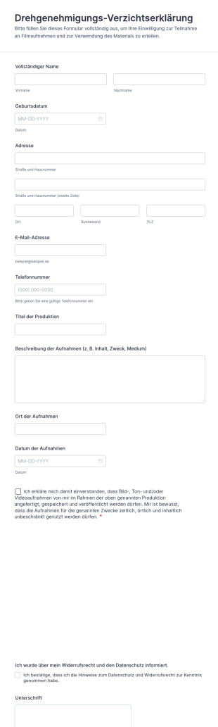 Verzichtserklärung Für Filmaufnahmen Formular