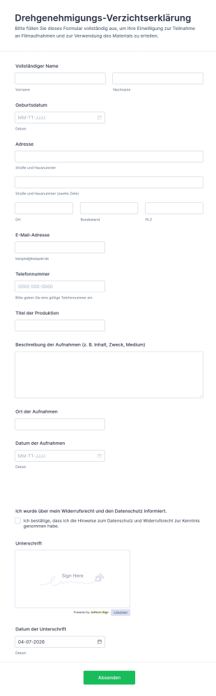 Verzichtserklärung Für Filmaufnahmen Formular