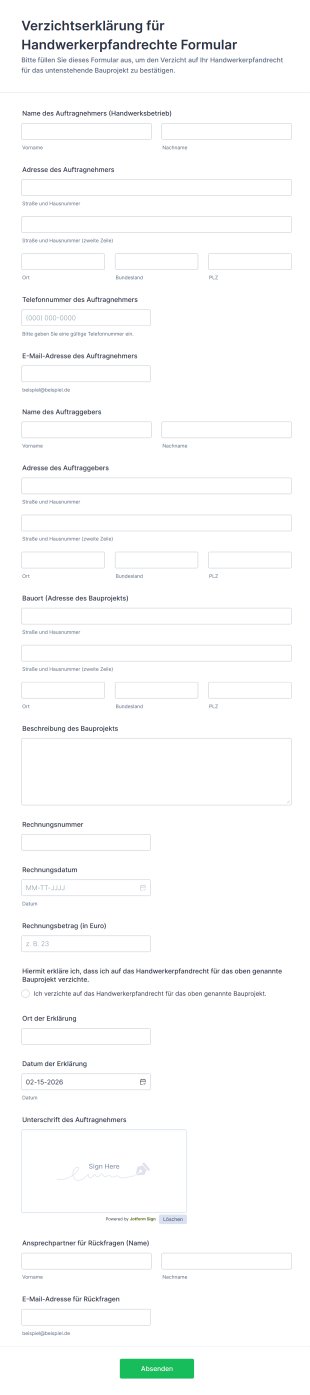 Verzichtserklärung Für Handwerkerpfandrechte Formular