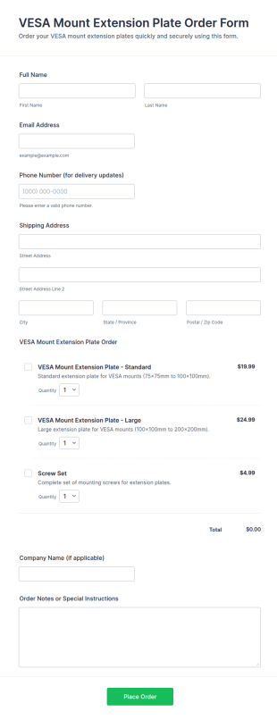 VESA Mount Extension Plate Order Form Template