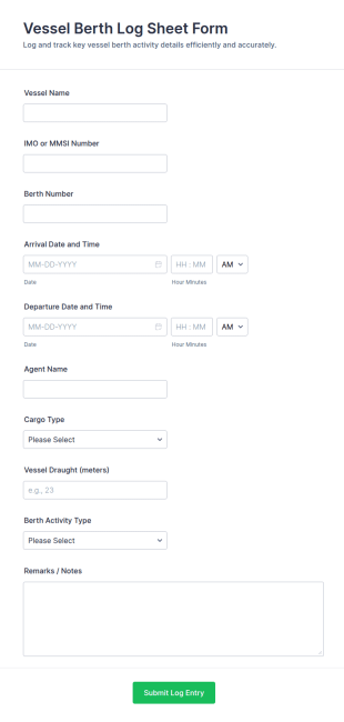 Vessel Berth Log Sheet Form Template