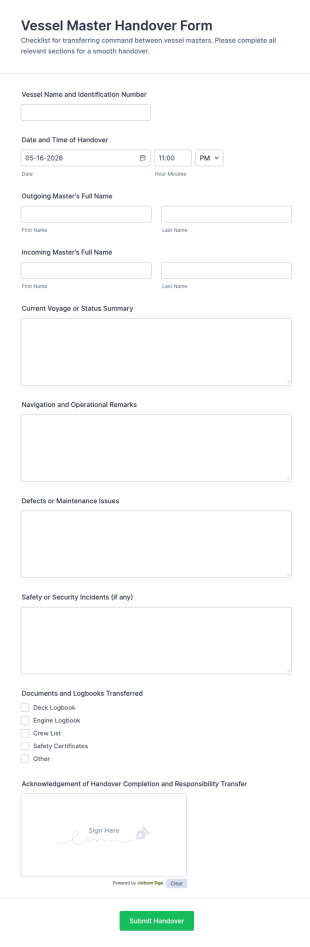 Vessel Master Handover Form Template