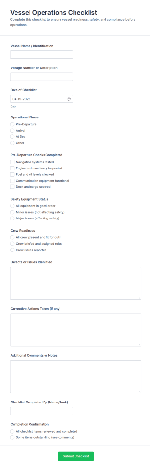 Vessel Operations Checklist Form Template
