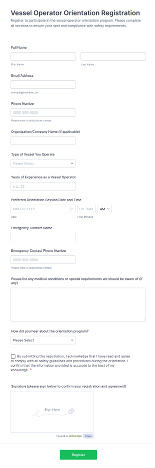 Vessel Operator Orientation Registration Form Template