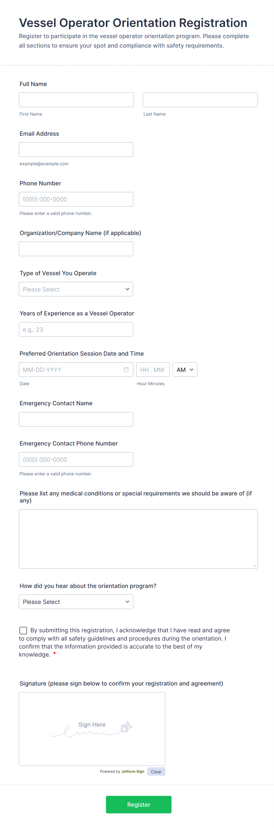 Vessel Operator Orientation Registration Form Template | Jotform