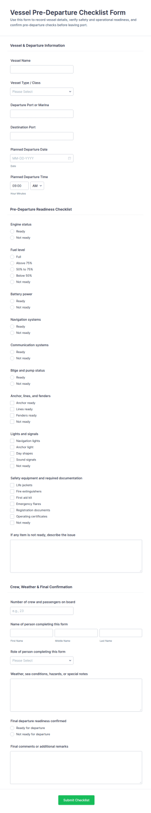 Vessel Pre Departure Checklist Form Template