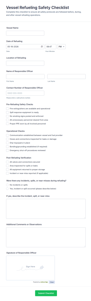Vessel Refueling Safety Checklist Form Template