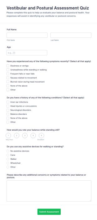 Vestibular And Postural Assessment Quiz Form Template