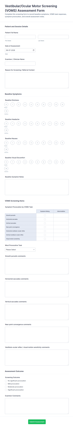Vestibular/Ocular Motor Screening (VOMS) Assessment Form Template