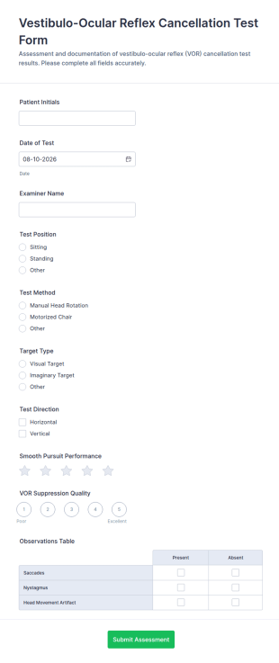 Vestibulo Ocular Reflex Cancellation Test Form Template