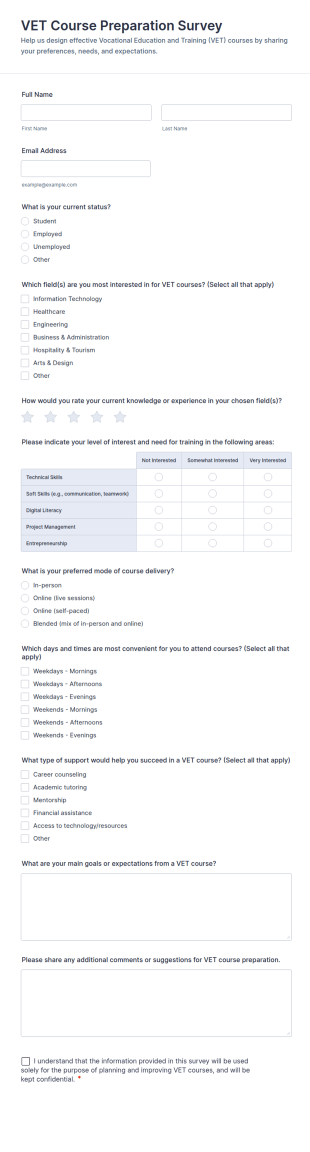 VET Course Preparation Survey Form Template