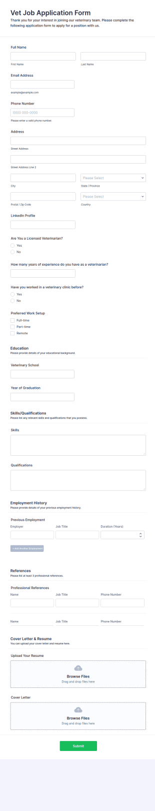 Vet Job Application Form Template