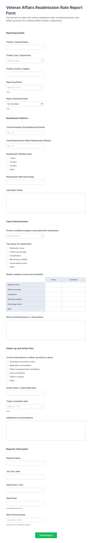 Veteran Affairs Readmission Rate Report Form Template