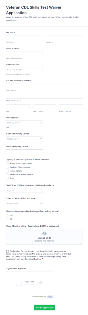 Veteran CDL Skills Test Waiver Application Form Template