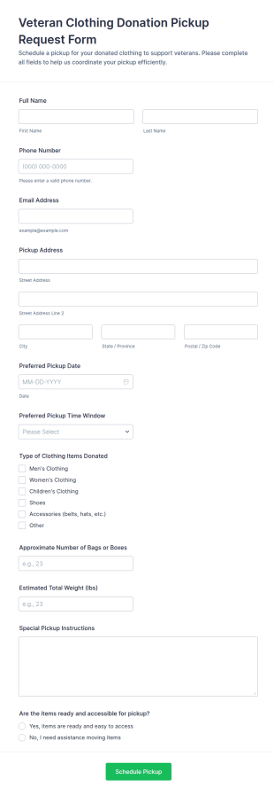 Veteran Clothing Donation Pickup Request Form Template