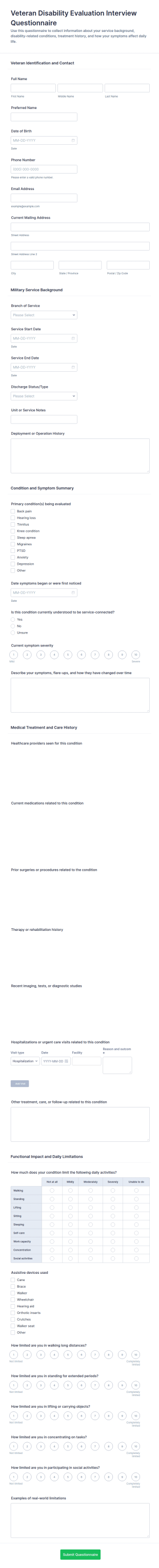 Veteran Disability Evaluation Interview Questionnaire Form Template