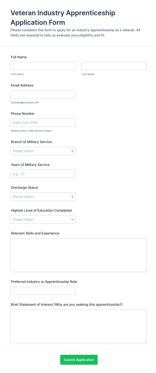 Veteran Industry Apprenticeship Application Form Template