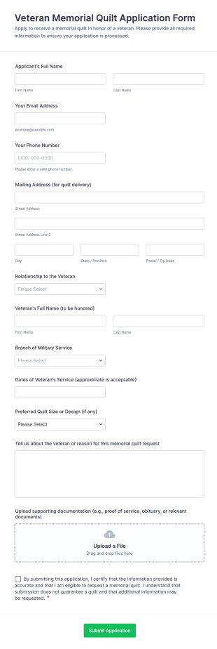Veteran Memorial Quilt Application Form Template
