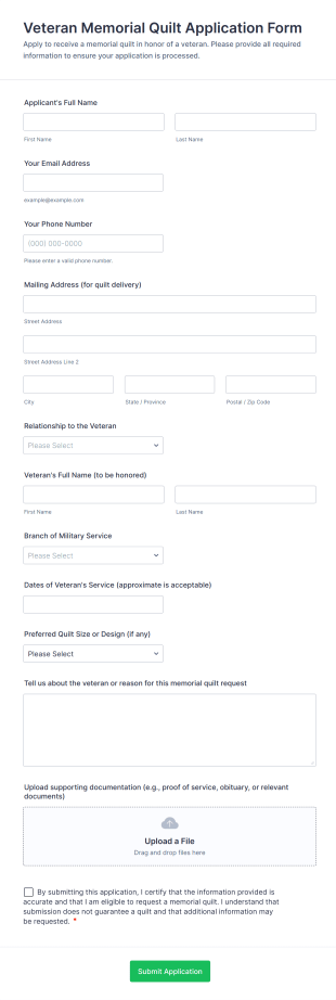 Veteran Memorial Quilt Application Form Template