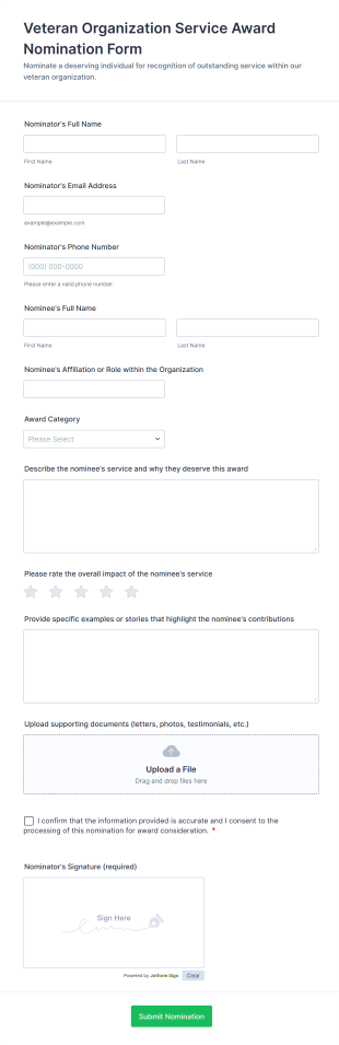 Veteran Organization Service Award Nomination Form Template
