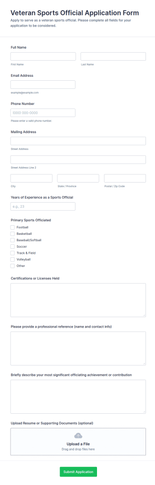 Veteran Sports Official Application Form Template