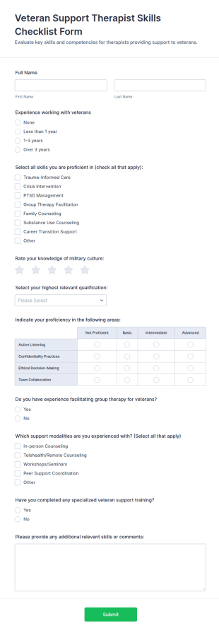 Veteran Support Therapist Skills Checklist Form Template