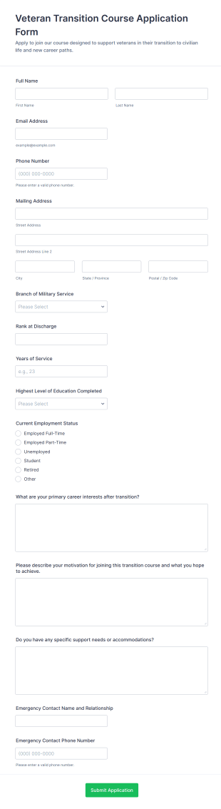 Veteran Transition Course Application Form Template