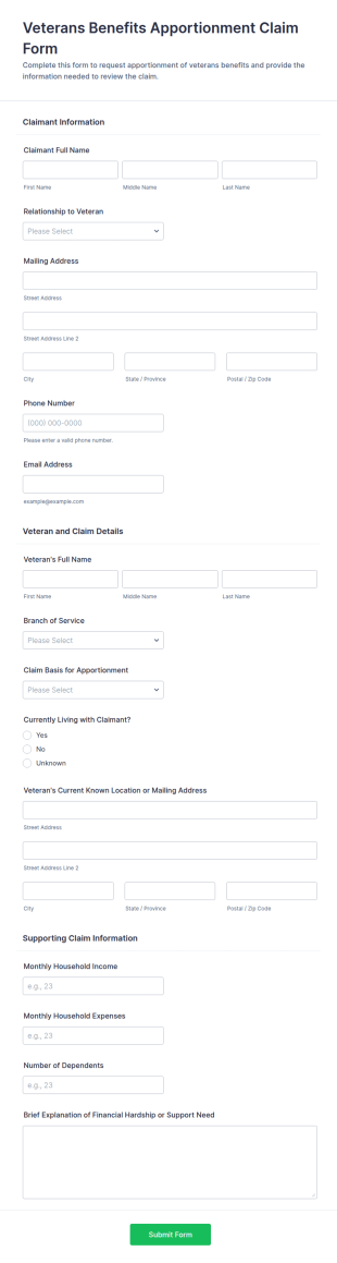 Veterans Benefits Apportionment Claim Form Template