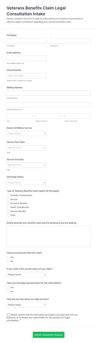 Veterans Benefits Claim Legal Consultation Intake Form Template