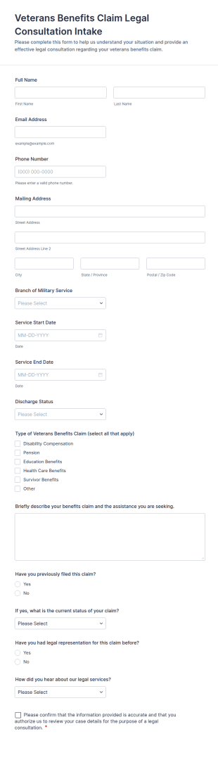 Veterans Benefits Claim Legal Consultation Intake Form Template