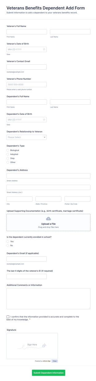 Veterans Benefits Dependent Add Form Template