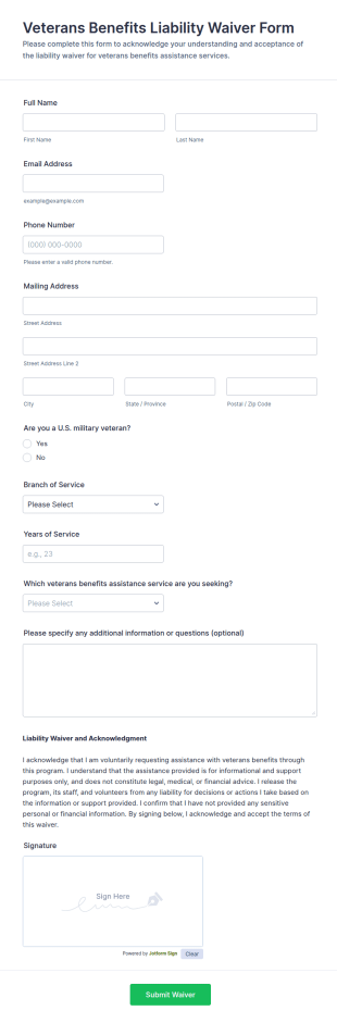 Veterans Benefits Liability Waiver Form Template