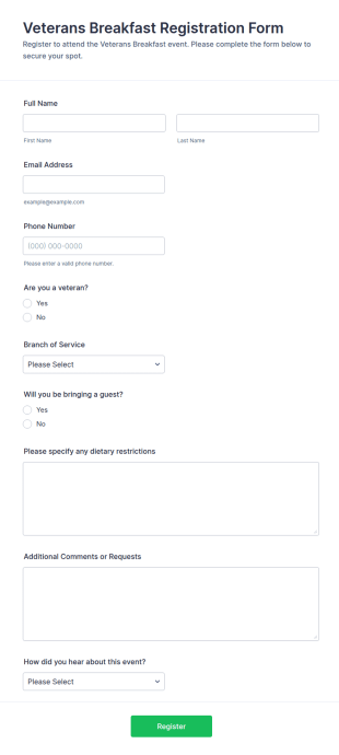 Veterans Breakfast Registration Form Template