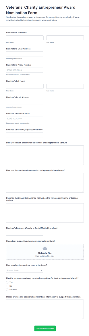 Veterans' Charity Entrepreneur Award Nomination Form Template