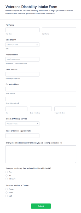Veterans Disability Intake Form Template