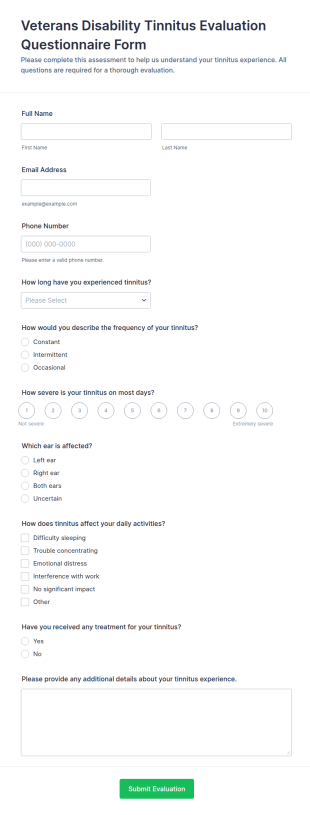 Veterans Disability Tinnitus Evaluation Questionnaire Form Template