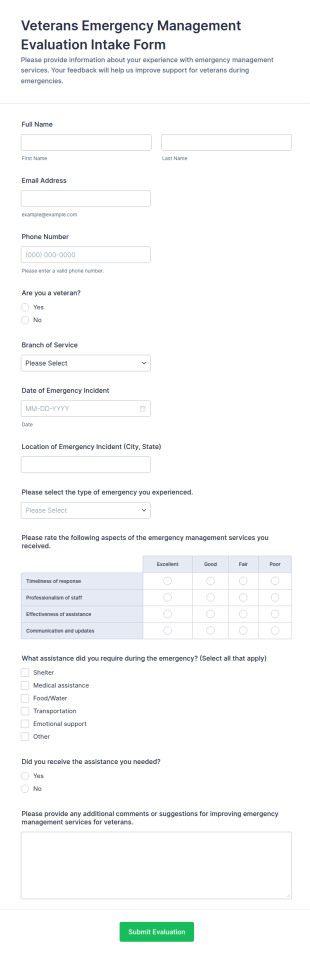 Veterans Emergency Management Evaluation Intake Form Template