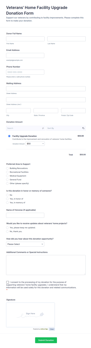 Veterans' Home Facility Upgrade Donation Form Template