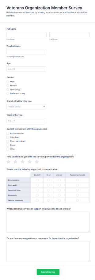 Veterans Organization Member Survey Form Template