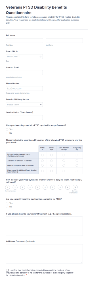 Veterans PTSD Disability Benefits Questionnaire Form Template