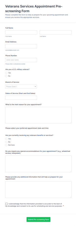 Veterans Services Appointment Pre Screening Form Template