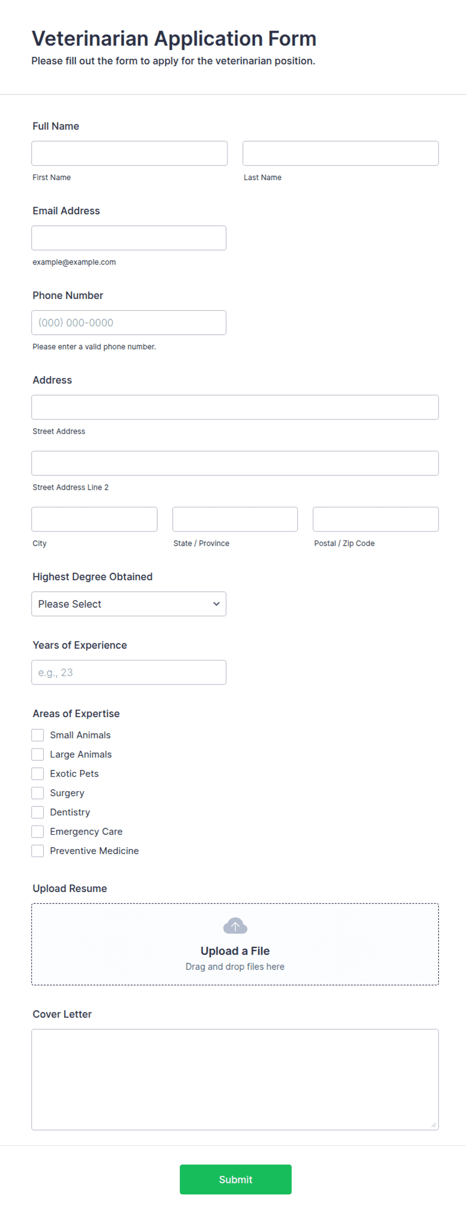 Veterinarian Application Form Template | Jotform